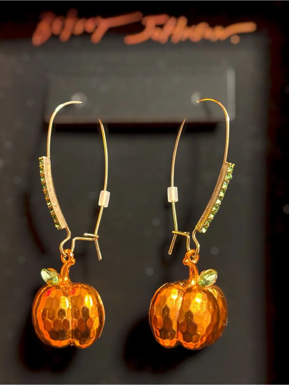 NWT•Betsey Johnson Metallic Orange Pumpkin Drop Earrings with Green Crystal